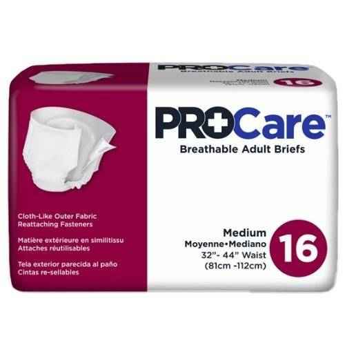 A 16-count pack of ProCare Adult Incontinence Briefs, medium size (32-44 waist), features heavy absorbency. The mostly white packaging with purple accents displays details in English, French, and Spanish.