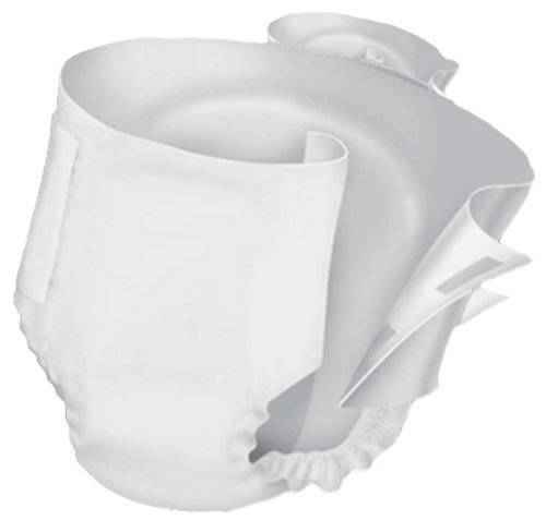 The ProCare Adult Incontinence Brief by ProCare is a white, single-use diaper with heavy absorbency, elastic leg openings, and adhesive tabs, shown open and angled to highlight its interior and fastening sides.