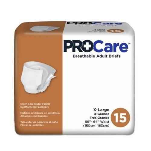 A package of ProCare Adult Incontinence Briefs, X-Large (fits 59-64 waists), provides heavy absorbency. Includes 15 white and brown briefs per pack. Brand: ProCare.