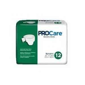 A package of ProCare Adult Incontinence Briefs by ProCare, white with green accents, shows an image of the brief and the number 12 for quantity, and is designed for heavy absorbency.