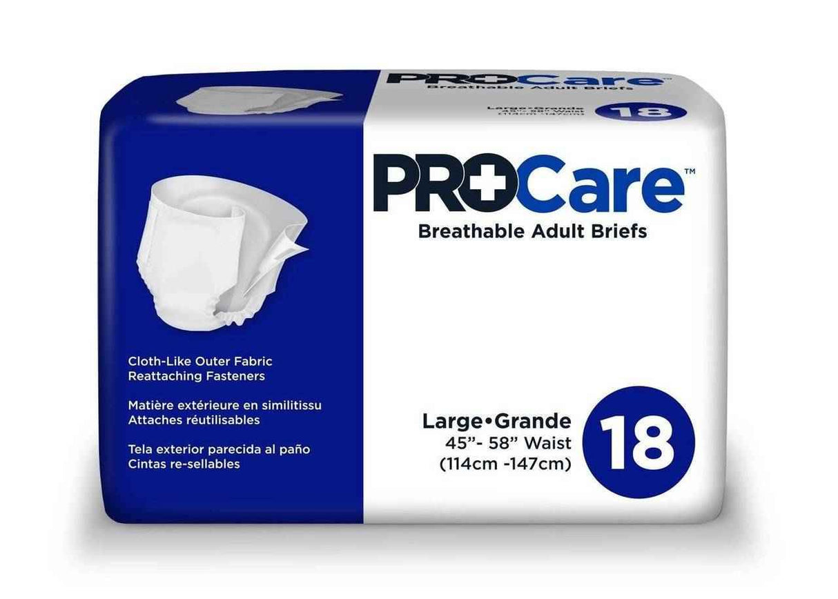 Package of ProCare Adult Incontinence Briefs, size large for 45–58 waists. Contains 18 heavy absorbency briefs with cloth-like outer fabric and reattaching fasteners, as shown on the ProCare packaging.