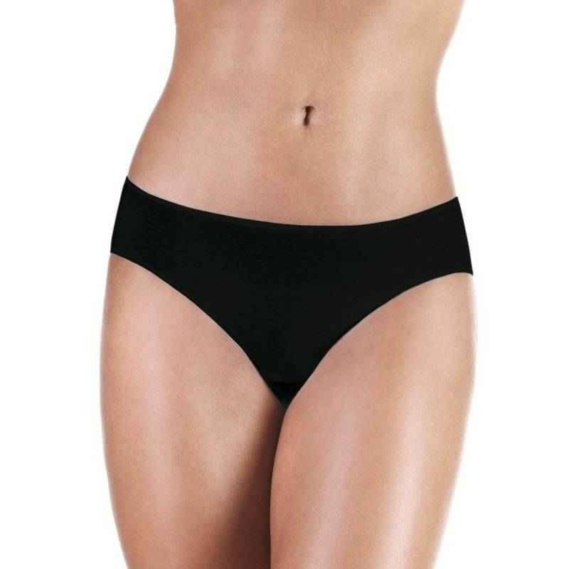 A close-up of a person wearing ProtechDry Women’s Incontinence Panty by ProtechDry, showing the waist and upper thighs in seamless black fabric. The background is plain and neutral.