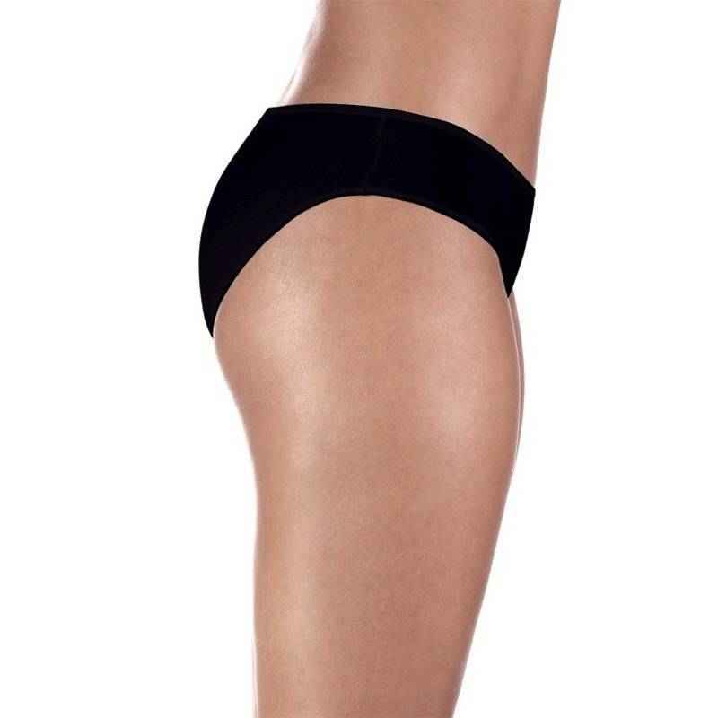 A woman shown from the side at waist and upper thigh level wears seamless black ProtechDry Womens Incontinence Panty by ProtechDry, set against a plain background.