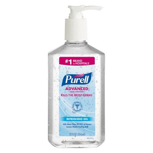 A clear pump bottle of Purell Ethyl Alcohol Hand Sanitizer, 12 oz gel, with blue and white label, red #1 Brand in Hospitals banner, and Kills the Most Germs plus Refreshing Gel on front.