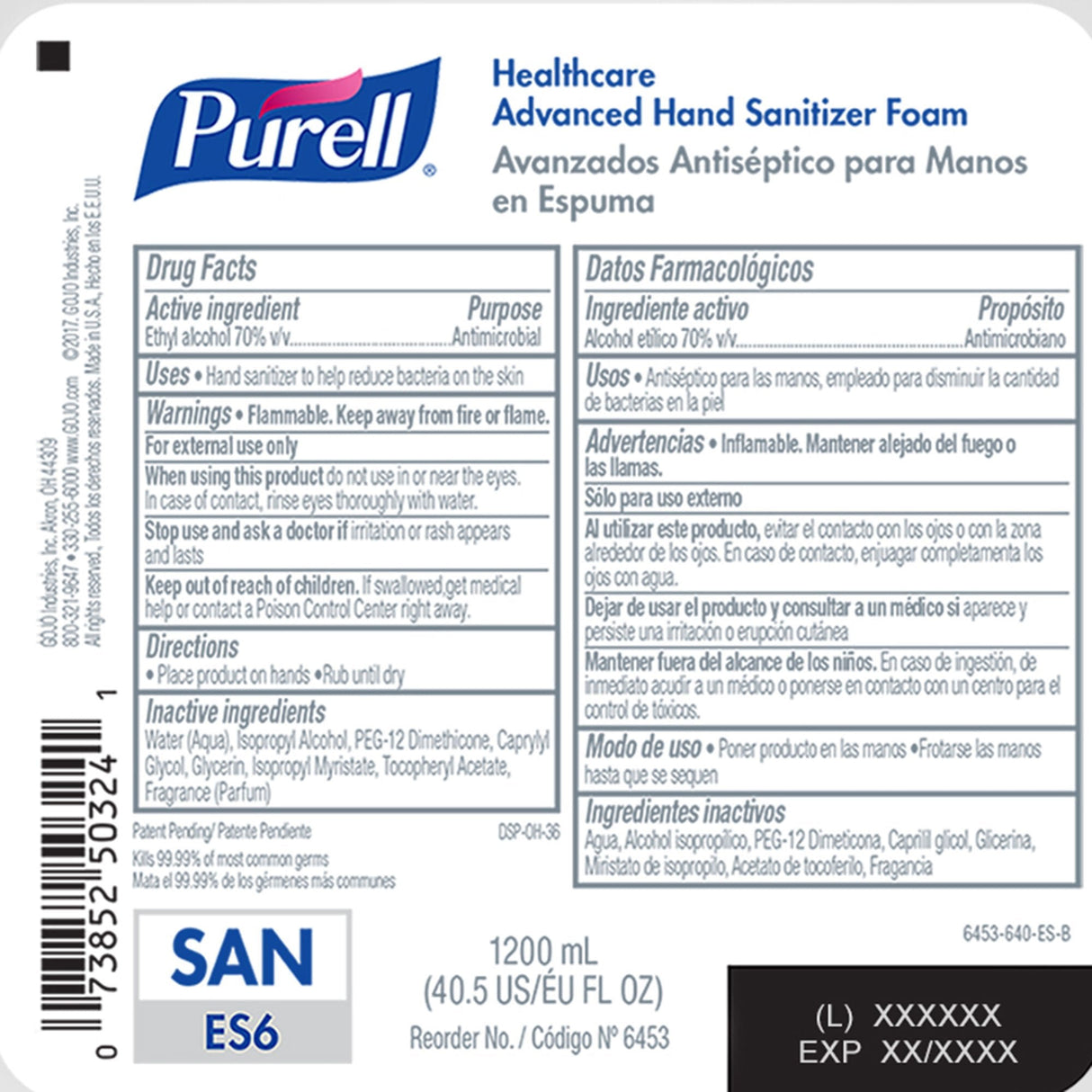 Purell Healthcare Advanced Hand Sanitizer Foam 1200 mL Refill for ES6 Dispenser - 6453-02-Case - LL Medico