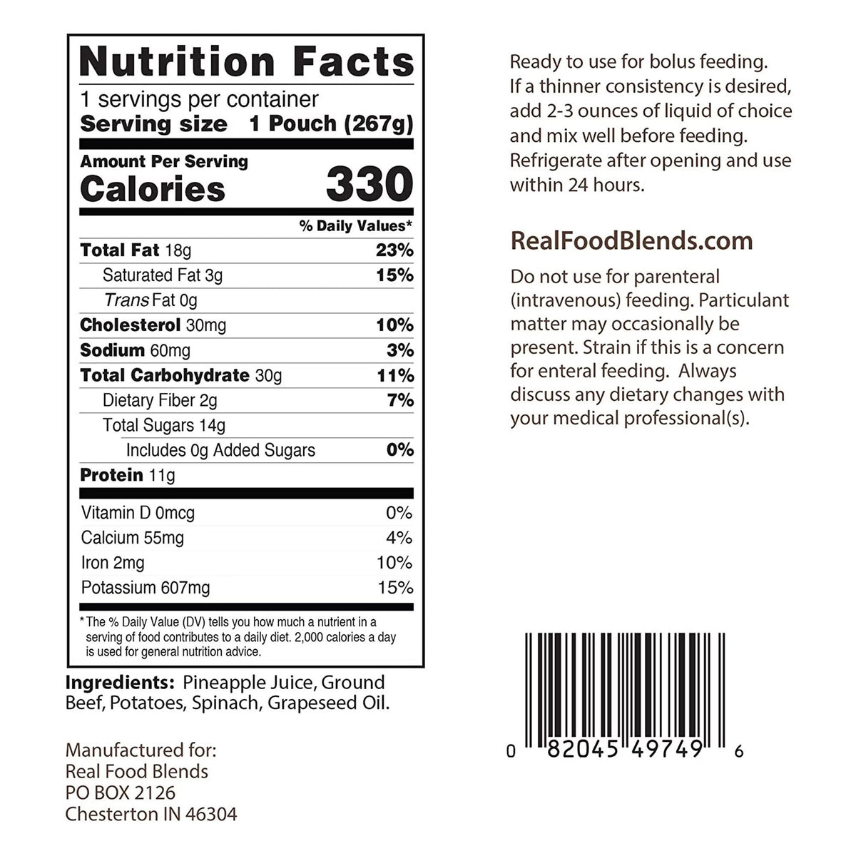 Real Food Blends Tube Feeding Formula, Beef, Potatoes & Spinach, 9.4 oz - 176993-Single - LL Medico