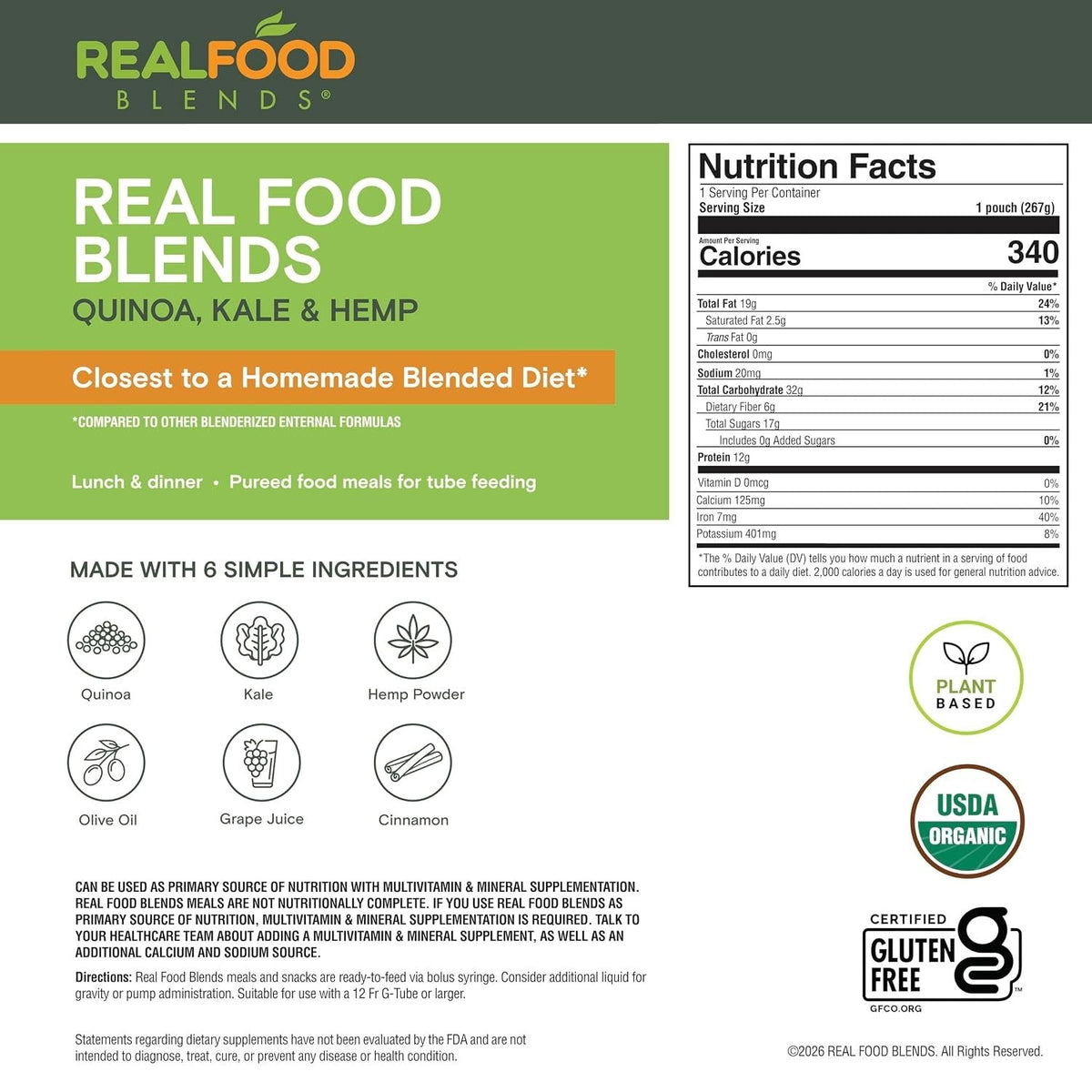 Real Food Blends Tube Feeding Formula, Quinoa, Kale & Hemp, 9.4 oz - 176992-Single - LL Medico