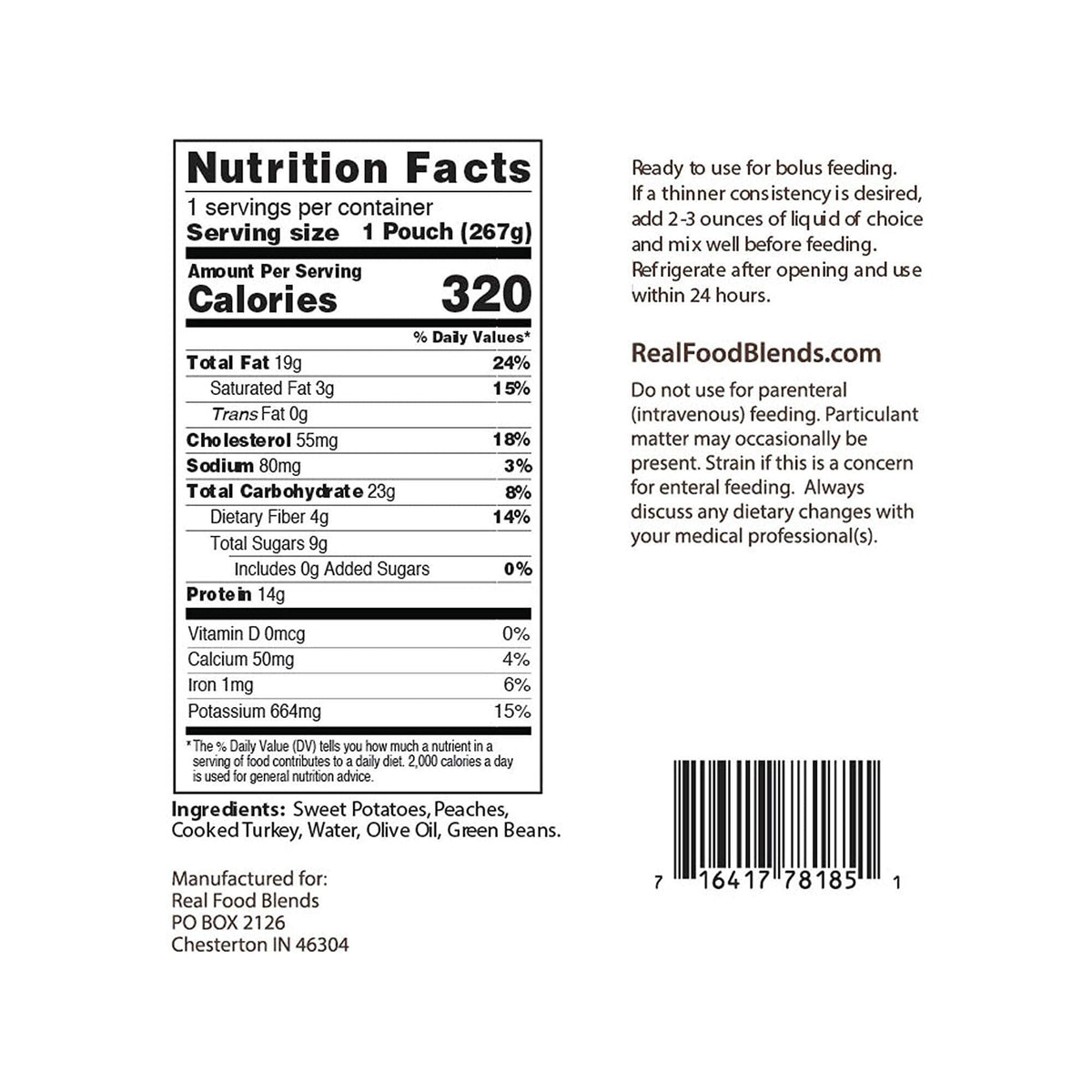 Real Food Blends Tube Feeding Formula, Turkey, Sweet Potatoes & Peaches, 9.4 oz - 176990-Single - LL Medico