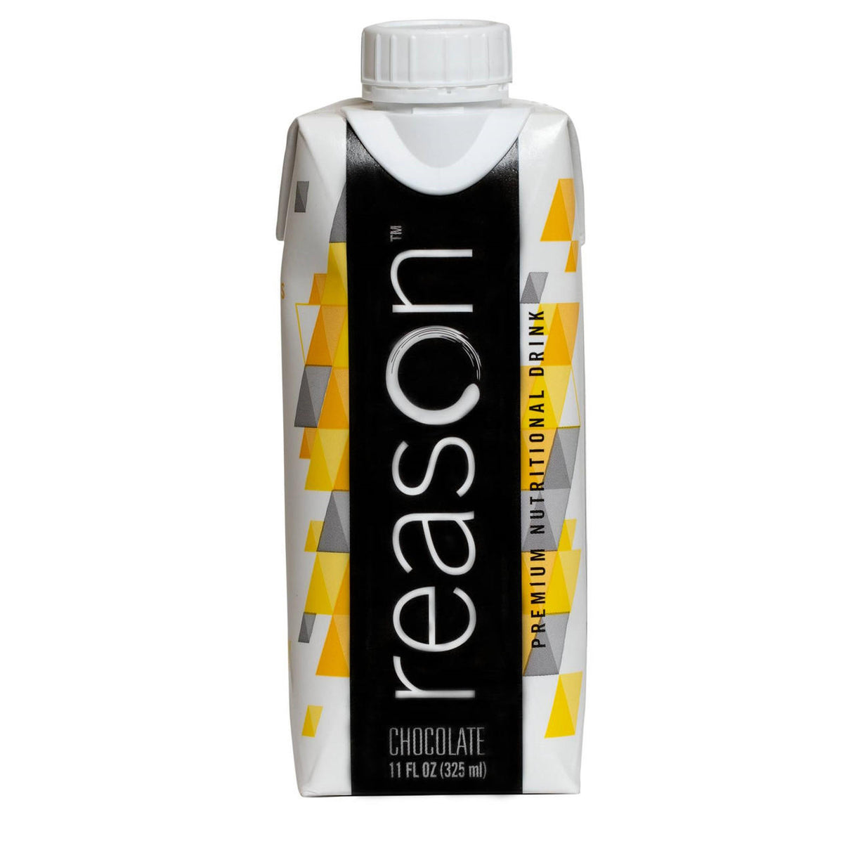 A carton of Reason High Calorie Nutrition Beverage, Chocolate, CS/12, features medium chain triglycerides, a white cap, and a geometric gray and yellow triangle design on a white background.