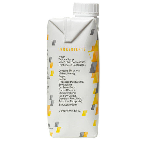 A Reason High Calorie Nutrition Beverage, Chocolate (CS/12) carton from Reason is shown in white and yellow, displaying its ingredients: water, tapioca syrup, milk protein concentrate, fractionated coconut oil (MCTs), cocoa, stabilizers, milk and soy.