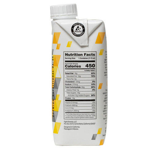 A rectangular Reason High Calorie Nutrition Beverage carton in chocolate flavor features a white background with yellow-gray shapes, a white screw cap, and displays the Nutrition Facts label showing 450 calories per serving. Brand: Reason.