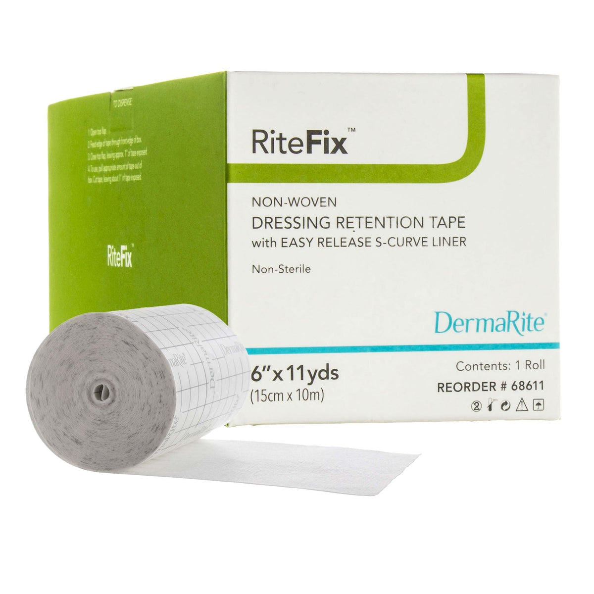 RiteFix Non-Woven Dressing Retention Tape with Easy Release S-Curve Liner, Non-Sterile, White, 6" x 11 Yard - 68611-Box - LL Medico