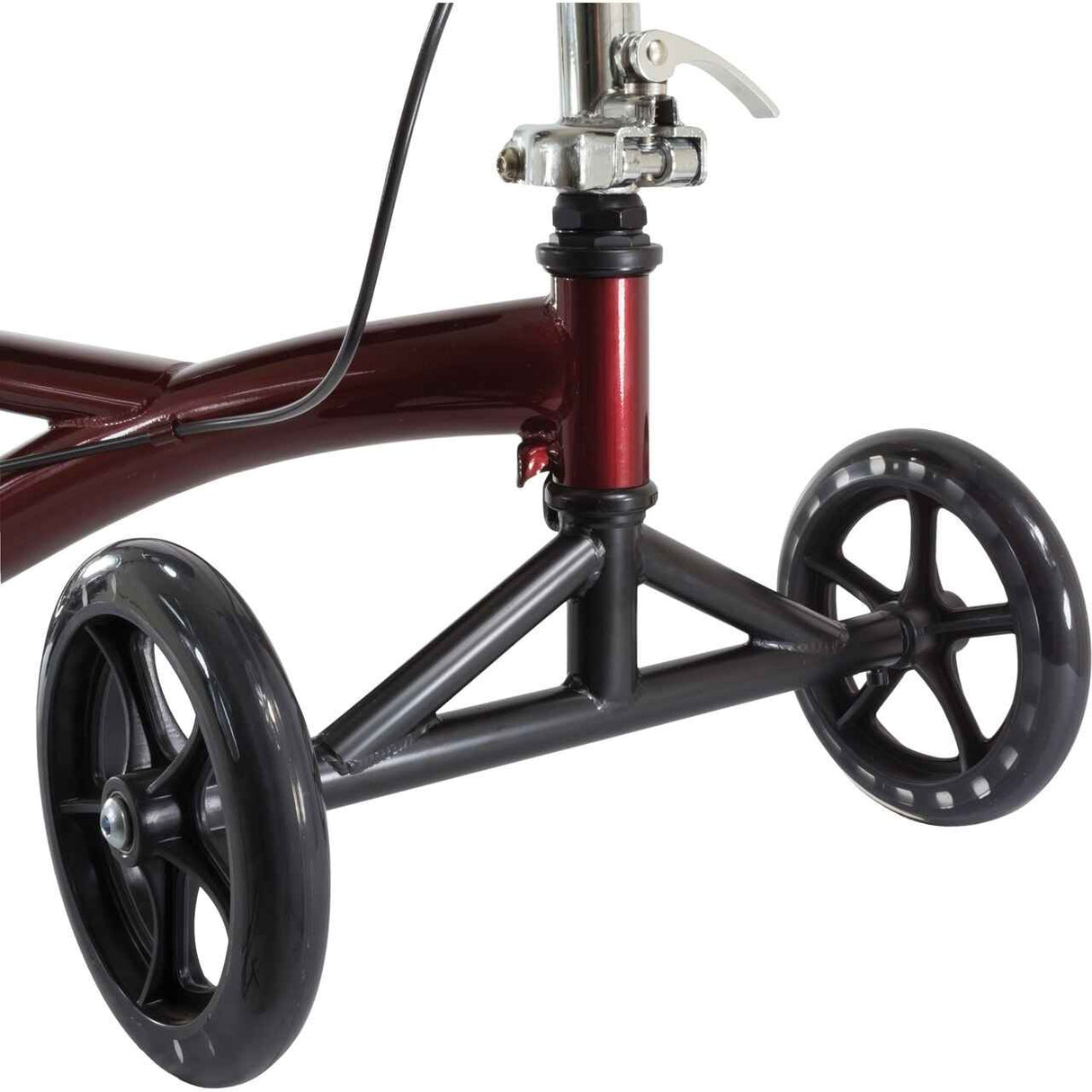 Close-up of the front wheel assembly of the Roscoe Deluxe Knee Scooter by Roscoe Medical, featuring two black wheels, a black metal frame, and a red vertical tube with a locking mechanism—an essential aid for leg injury recovery.