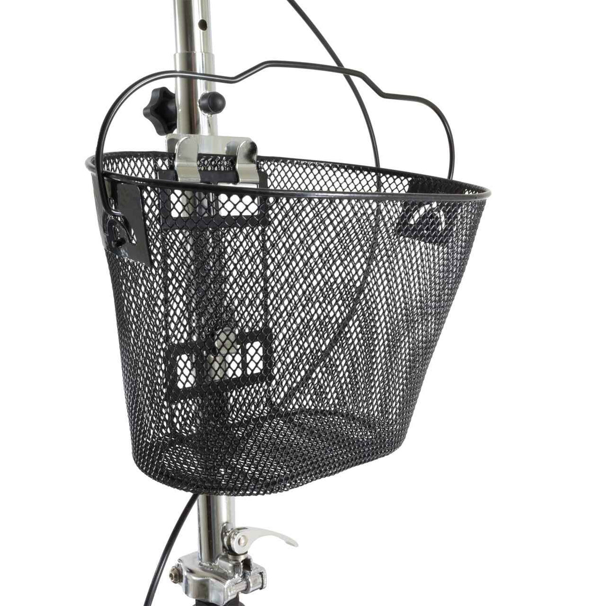 A black metal mesh basket is mounted on the front handlebar of the Roscoe Deluxe Knee Scooter by Roscoe Medical. Attached with sturdy brackets, this accessory is perfect for carrying essentials and enhancing your mobility aid.