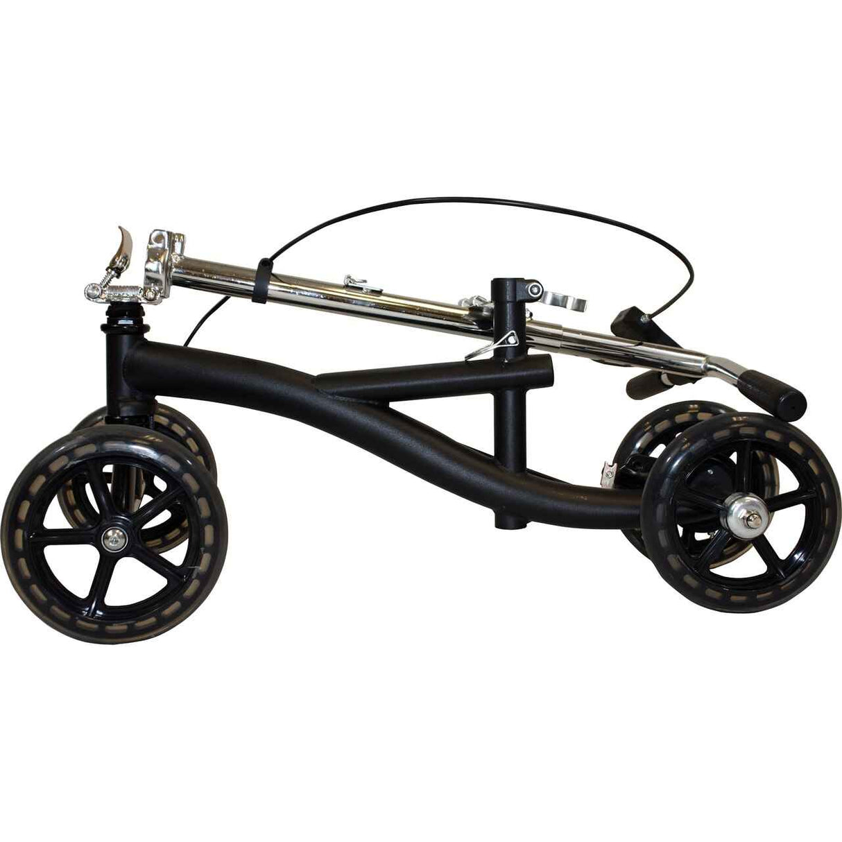 The Roscoe Deluxe Knee Scooter by Roscoe Medical is a folded black and silver three-wheeled mobility aid with large plastic wheels, compact for easy storage or transport.