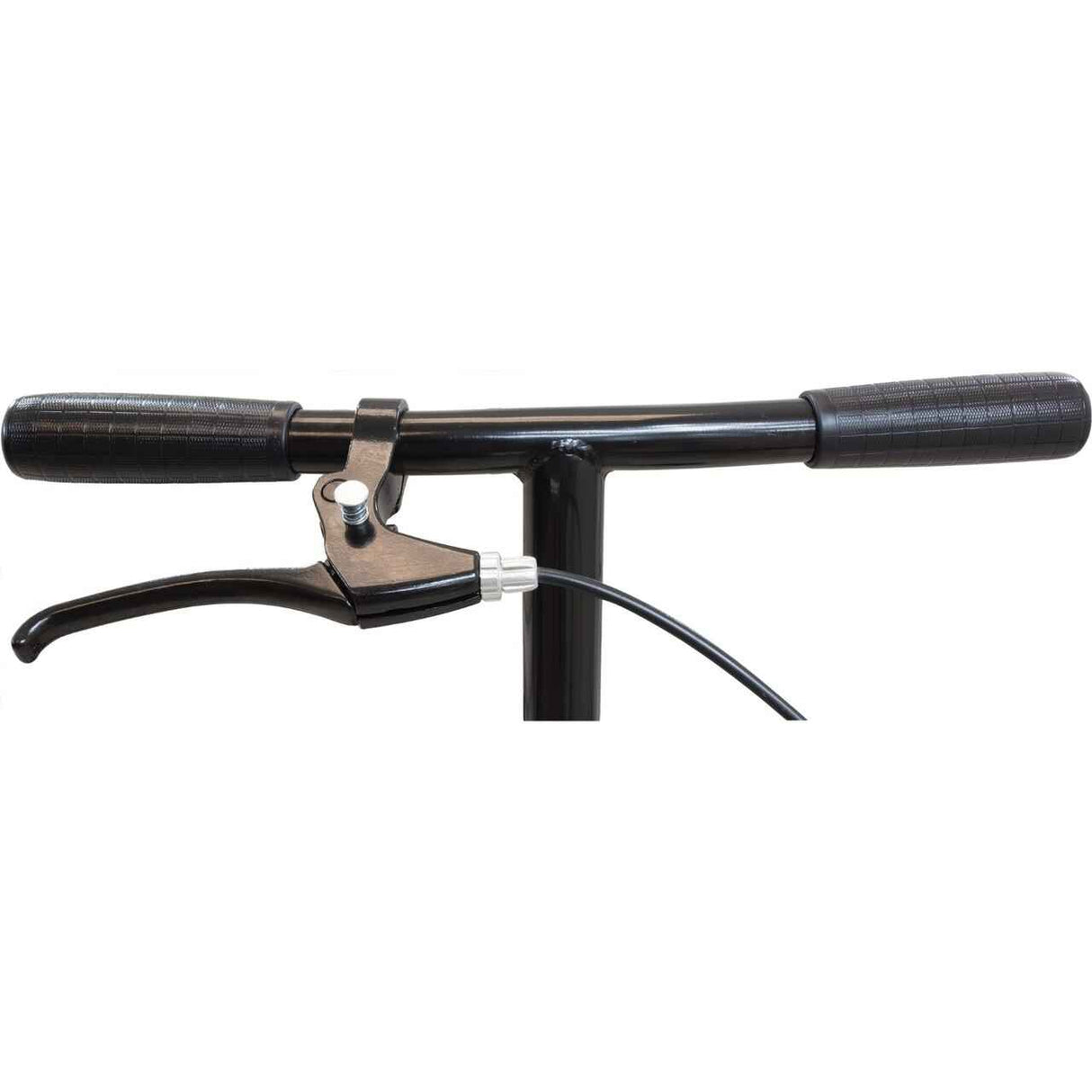 Close-up of Roscoe Medical Roscoe E-Series Knee Scooter handlebars in Sterling Grey, featuring textured rubber grips and a single hand brake lever, ideal for foot injury recovery, with a brake cable extending downward.