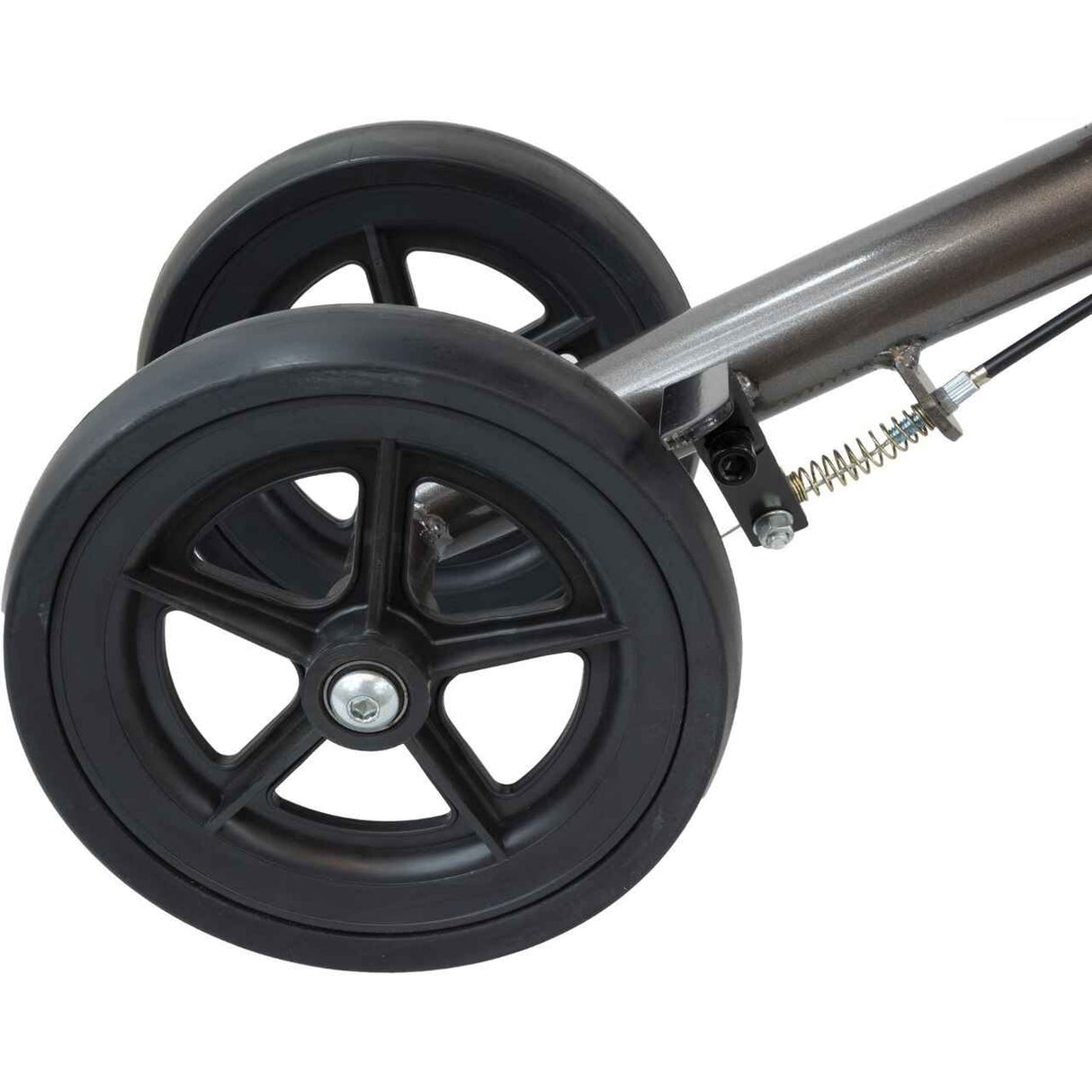 Close-up of two large black five-spoke wheels on a metallic frame, part of the Roscoe E-Series Knee Scooter by Roscoe Medical in Sterling Grey, designed for convenient foot injury recovery.