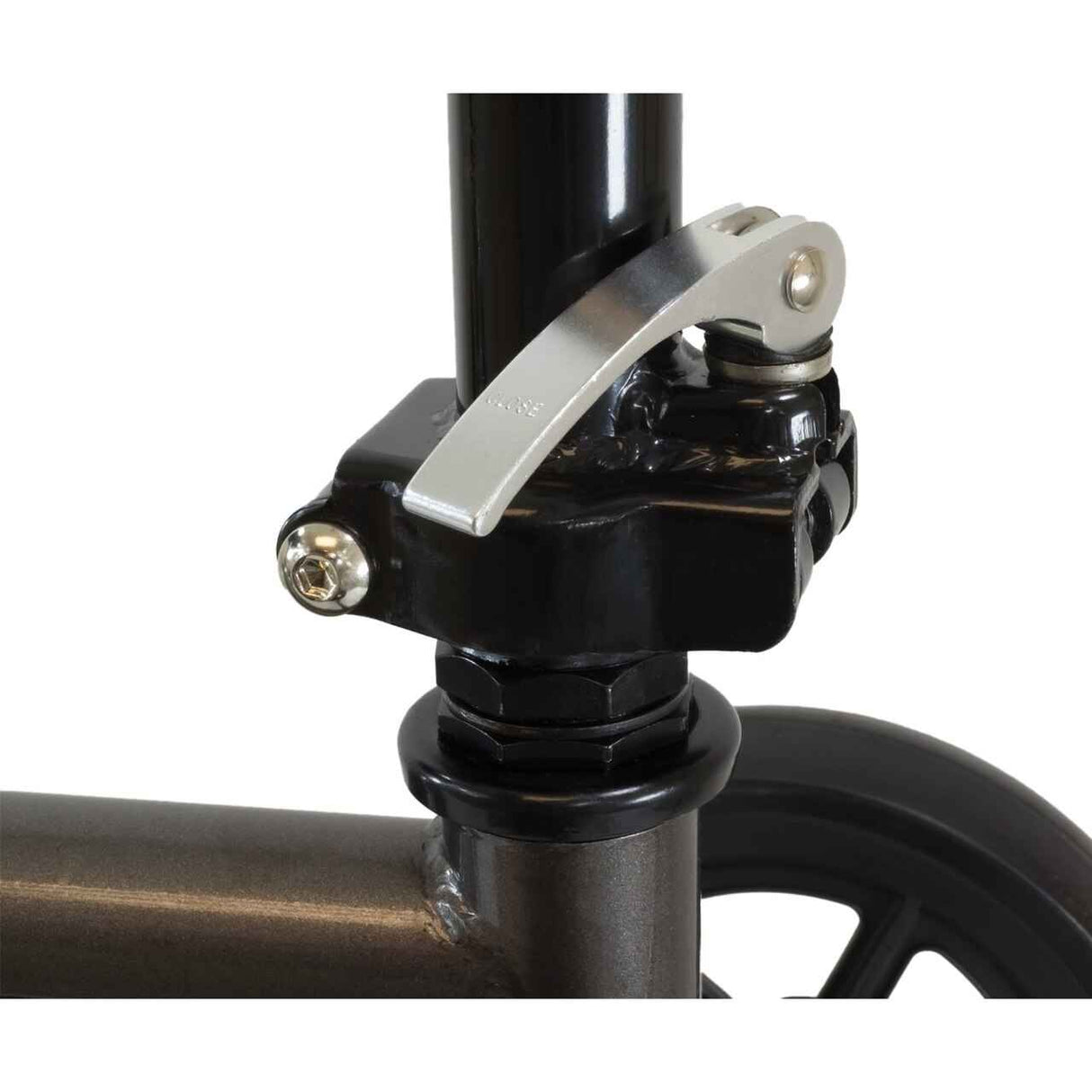 Close-up of a Roscoe E-Series Knee Scooter by Roscoe Medical in Sterling Grey, showing a silver quick-release seat post clamp on the black frame and part of the wheel in the background.