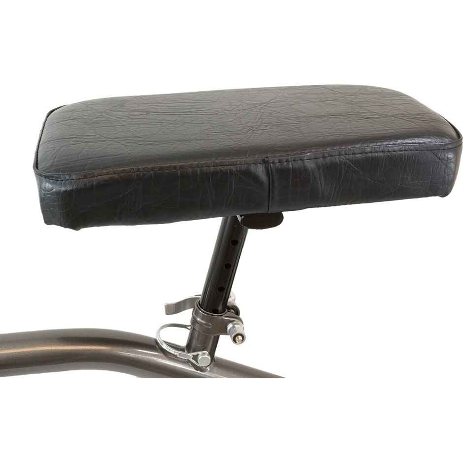 A close-up of the rectangular black padded seat from the Roscoe Medical Roscoe E-Series Knee Scooter in Sterling Grey, showing its metal support post attached to the scooters frame.