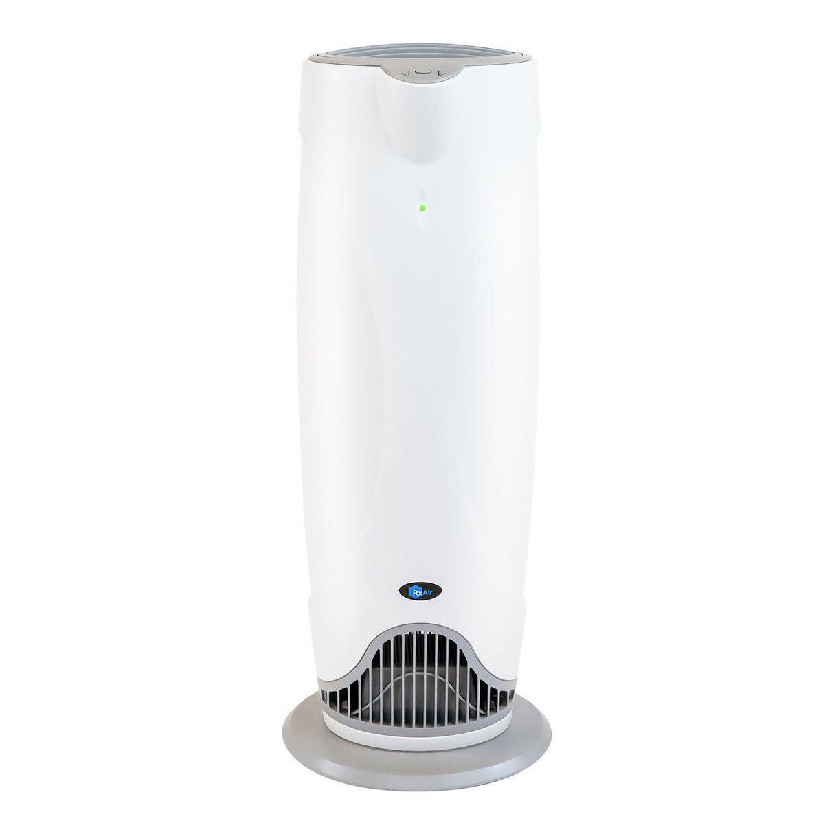 The RxAir 400 Purifier for Large Rooms by RxAir is a tall, white portable air purifier with a curved design, vent openings at the bottom front, a circular gray base, and a small green indicator light near the top.