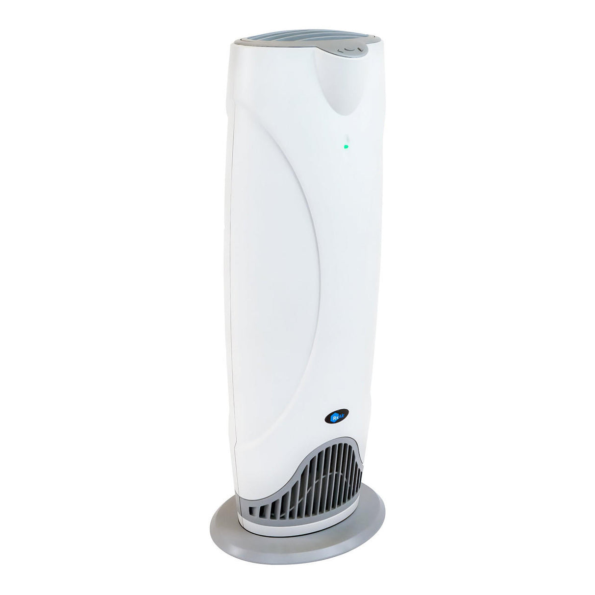 The RxAir 400 Purifier for Large Rooms by RxAir is a tall, white device with a curved design, gray base, front air vents, and a small indicator light near the top using filterless UV-C purification.