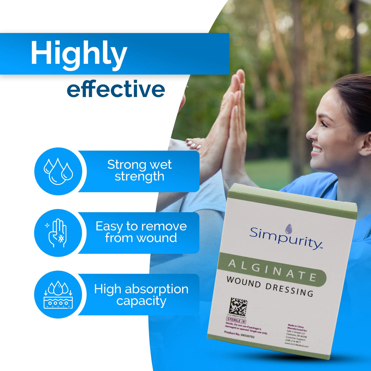 Safe n Simple Simpurity Calcium Alginate Wound Dressing, Sterile, 2" x 2" - SNS50702-Single - LL Medico