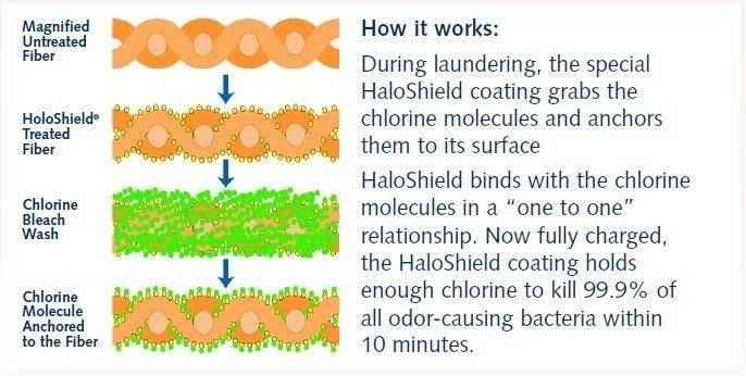 Diagram showing how HaloShield coating on fibers in the Salk HaloShield Odor Control Underpad anchors chlorine molecules after a bleach wash, killing 99.9% of bacteria in 10 minutes for long-lasting antimicrobial protection and freshness.