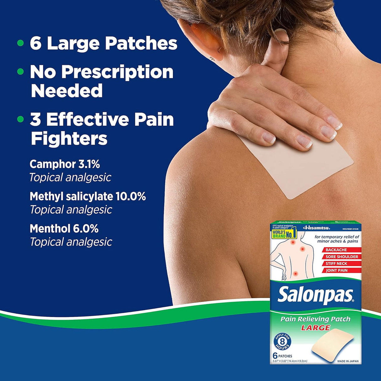A person applies a Salonpas Pain Relieving Patch LARGE to their upper back for targeted pain relief. The text highlights 6 large patches, no prescription needed, and 3 pain fighters, with the Salonpas box shown at the bottom right.