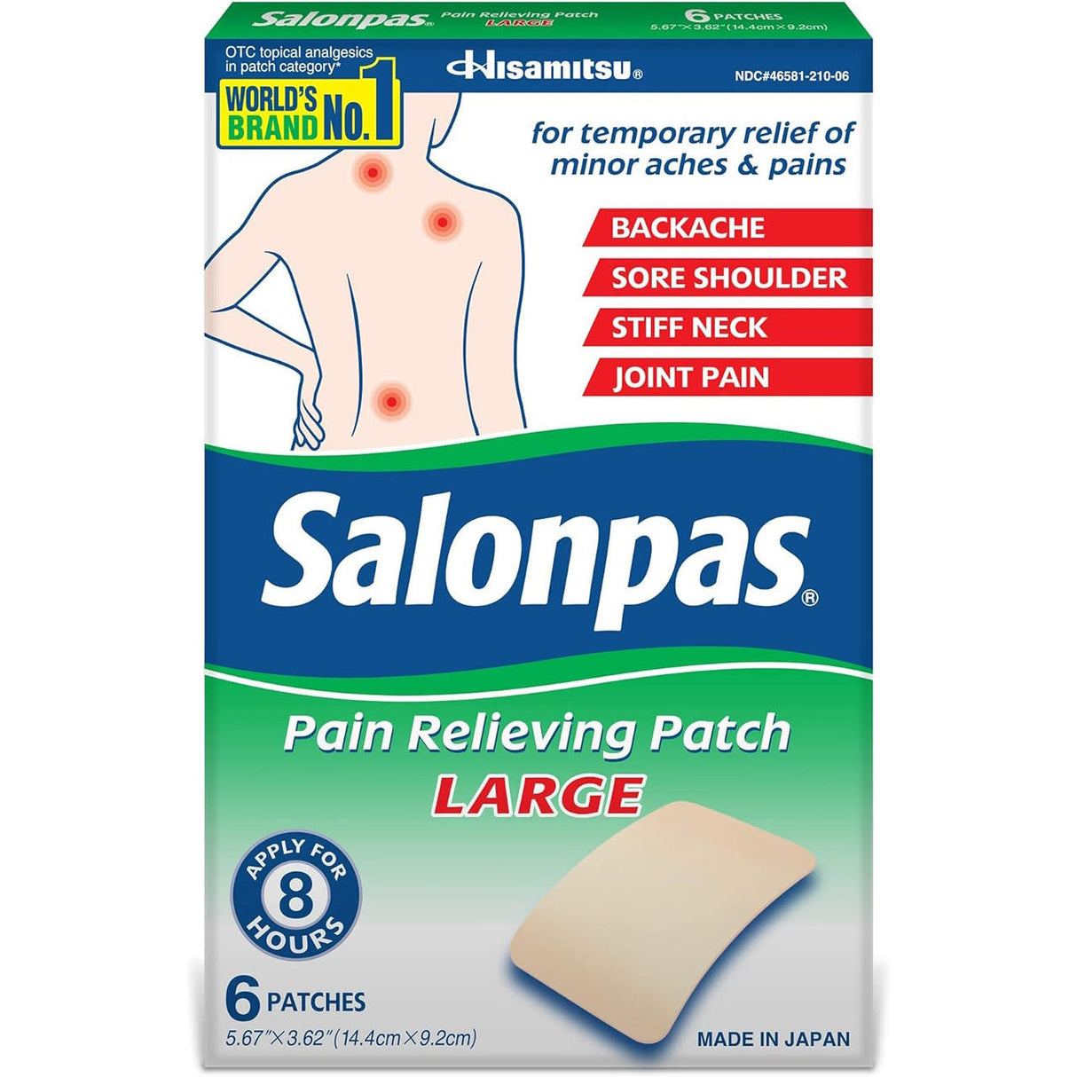 Box of Salonpas Pain Relieving Patch LARGE by Salonpas, with a diagram showing highlighted pain areas. Provides relief for backache, sore shoulder, stiff neck, and joint pain. Contains 6 patches; each patch lasts up to 8 hours.