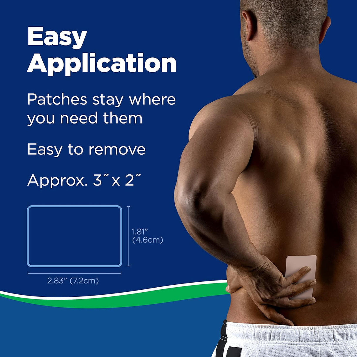 A man applies a Salonpas Pain Relieving Patch LARGE to his lower back. Text highlights the patch as easy to apply and remove, ideal for large pain areas, and measuring about 3 x 2 inches. Background is blue with white and blue text. Brand: Salonpas.