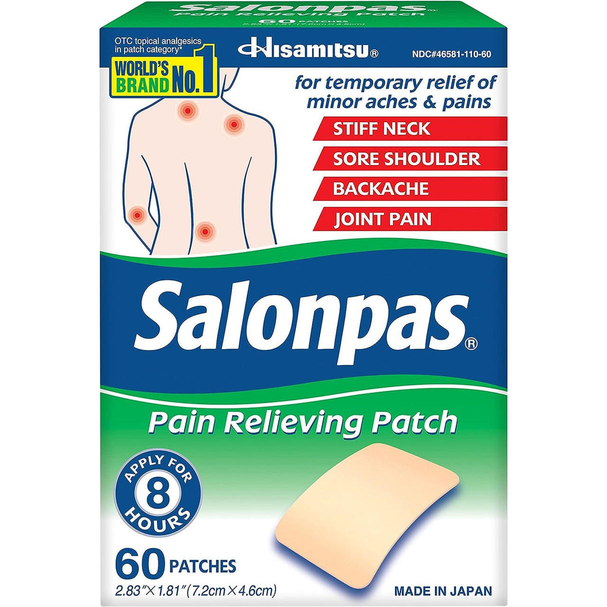 Salonpas Pain Relieving Patch box (60 patches) by Salonpas highlights relief for muscle and joint pain, including stiff neck, sore shoulder, and backache. Illustration shows patch placement on back and shoulders.