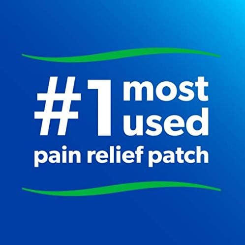 Text on a blue background reads: Salonpas Pain Relieving Patch—Salonpas is the #1 most used pain relief patch for muscle and joint pain; two green curved lines appear above and below the text.