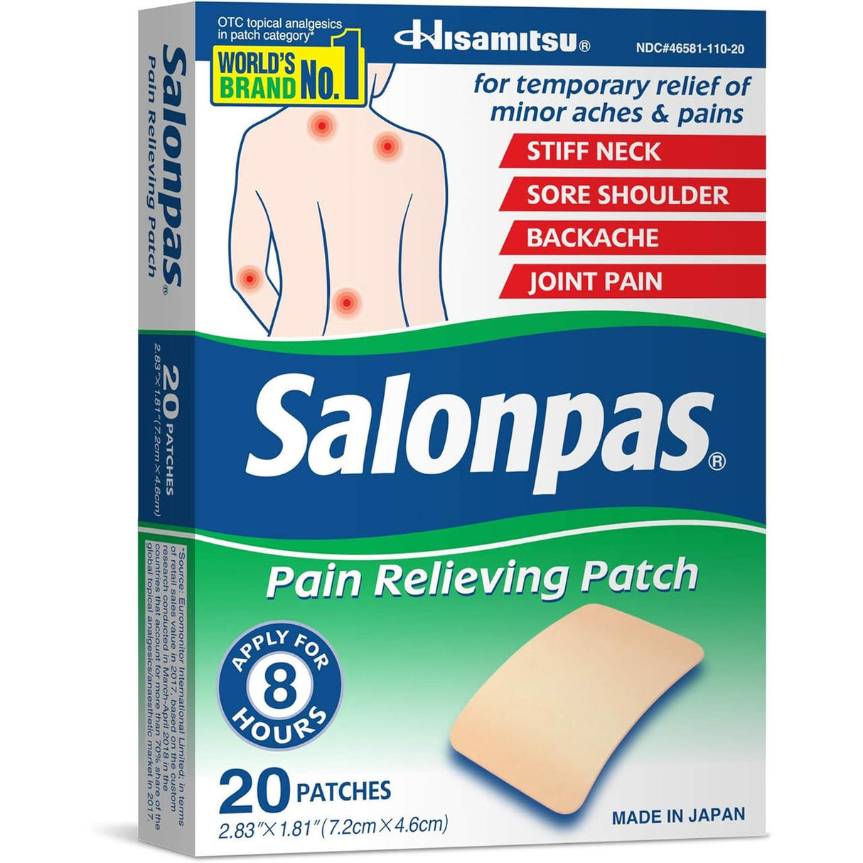 Salonpas Pain Relieving Patch by Salonpas offers 20 patches for stiff neck, sore shoulder, backache, and muscle or joint pain. Each patch provides up to 8 hours of relief.