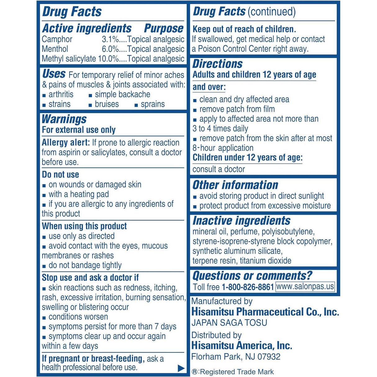 The Salonpas Pain Relieving Patch drug facts label lists active/inactive ingredients, muscle and joint pain uses, warnings, directions, and manufacturer info—all in a blue and white box. Brand: Salonpas.