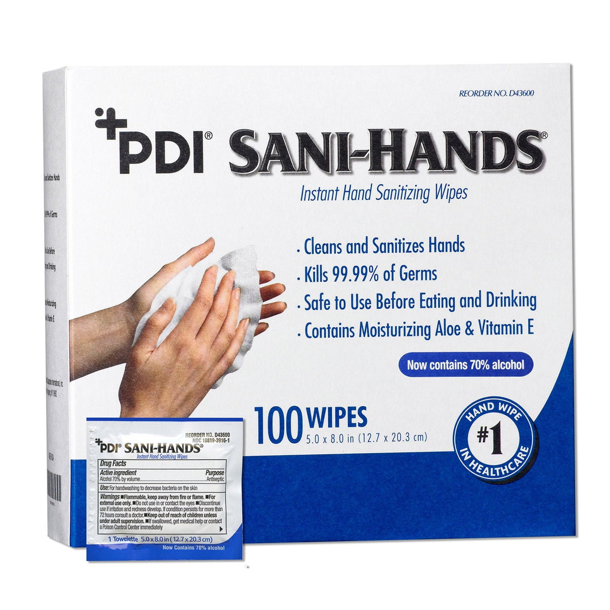 Sani-Hands Hand Sanitizing Wipes, Ethyl Alcohol, Unscented, 5 x 8 Inch - D43600-Single - LL Medico