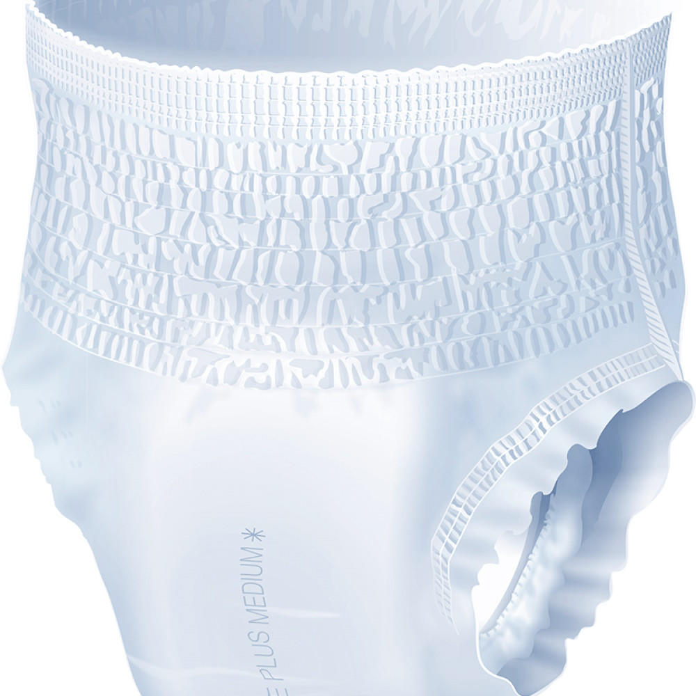 A close-up of Seni Active Classic Plus Absorbent Underwear by Seni highlights its elastic waistband, leg openings for a secure fit, visible texture and details, and moderate absorbency.