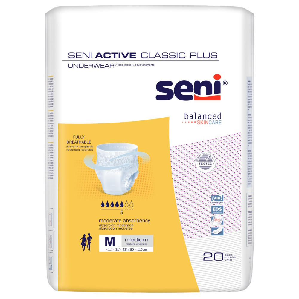 Seni Active Classic Plus Absorbent Underwear by Seni, size medium with moderate absorbency, comes in white and yellow packaging featuring product images and breathability icons. Each pack contains 20 pieces.