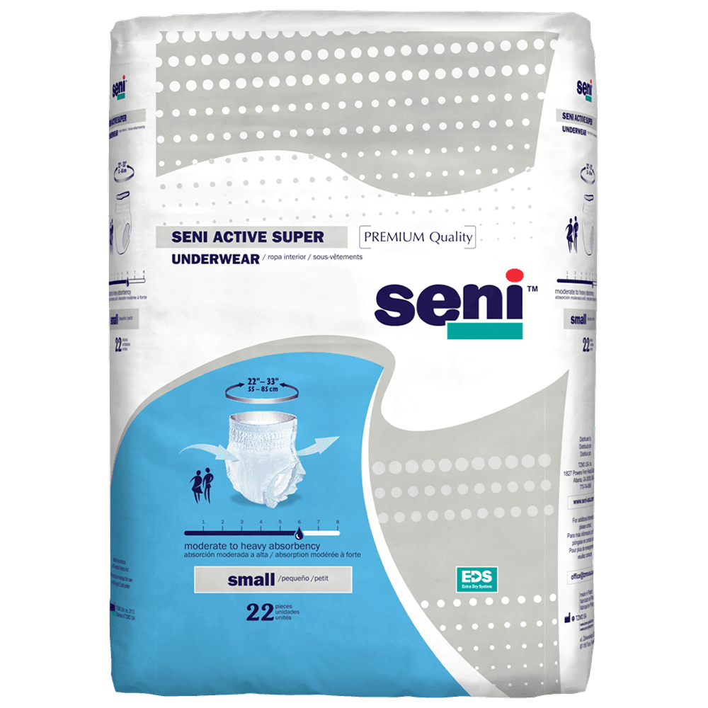 Seni Active Super Absorbent Underwear by Seni, size small, offers moderate to heavy protection. The blue and white pack holds 22 pieces with product details and underwear images for moderate incontinence.
