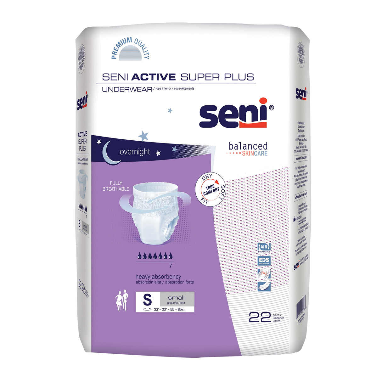 Seni Active Super Plus Absorbent Underwear by Seni, size small, is ideal for heavy incontinence and overnight use. Each mostly white pack with purple accents contains 22 pieces.