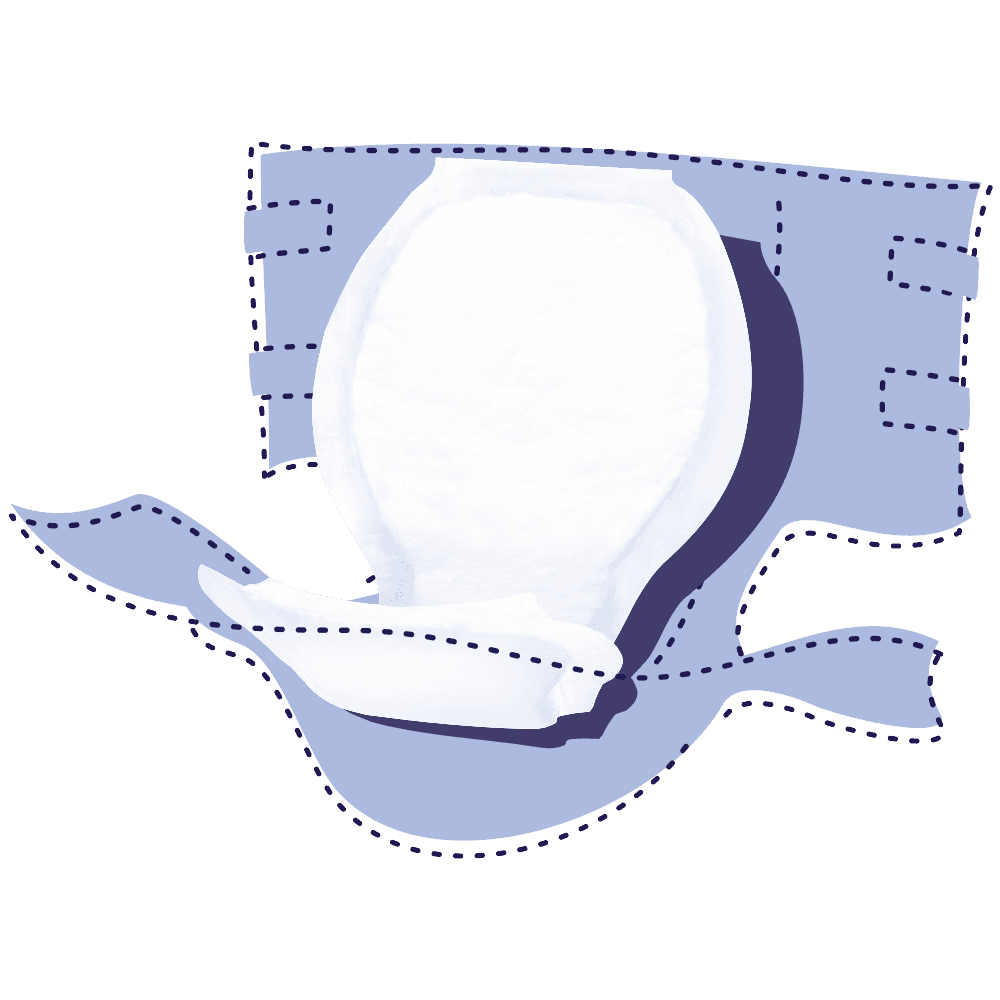 An illustration of Seni Booster Pads by Seni, open to show heavy absorbency with dotted lines outlining features, set on a blue abstract background.
