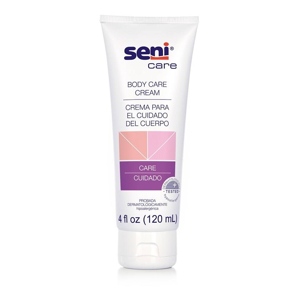 A 4 fl oz (120 ml) white tube of Seni Care Body Care Cream by Seni, with purple and peach accents and bilingual English-Spanish text. Dermatologically tested—perfect sensitive skin care for elderly loved ones.