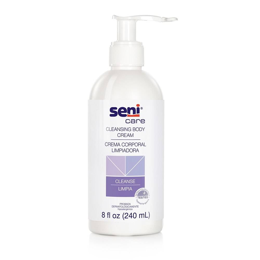 A white pump bottle of Seni Care Cleansing Body Cream by Seni features English and Spanish labels with a purple geometric design. This no-rinse formula is ideal for elderly skin care and contains 8 fl oz (240 mL).