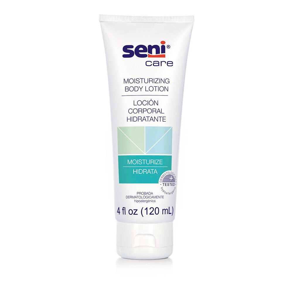 A 120 ml tube of Seni Care Moisturizing Body Lotion by Seni comes in white packaging with blue, purple, and mint green accents. This urea lotion is ideal for elderly skin care and features English and Spanish descriptions on the label.