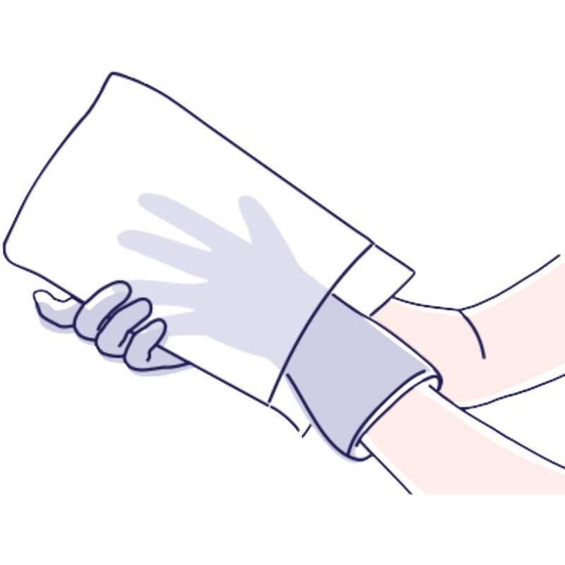 Illustration of a hand wearing Seni Care Personal Care Gloves by Seni, holding a white cloth, ready for no rinse cleansing or wiping surfaces.