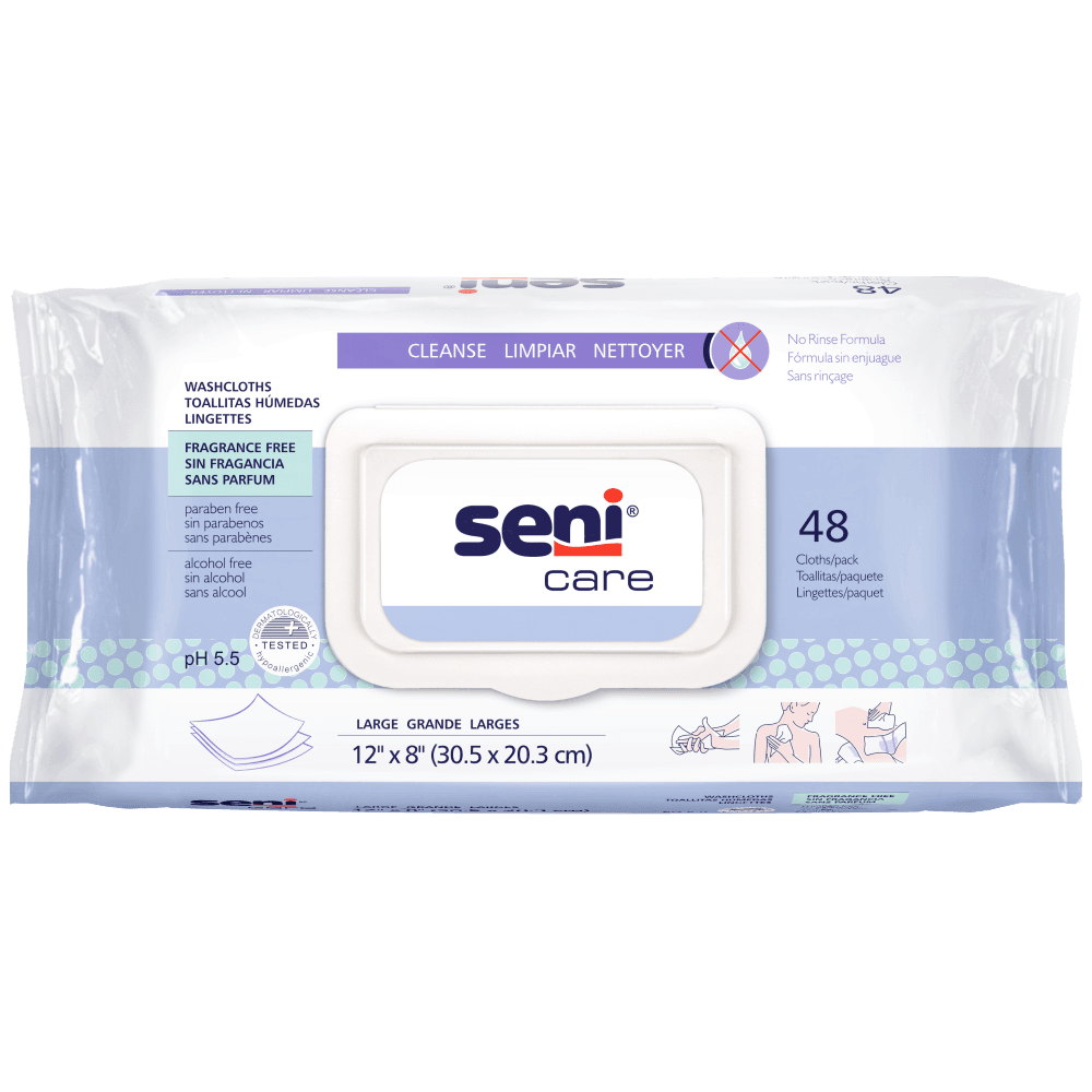 Seni Care Washcloths by Seni: 48 large wipes for sensitive skin and perineal cleansing, in a resealable pack labeled in English, Spanish, and French. Features and instructions are highlighted on the packaging.