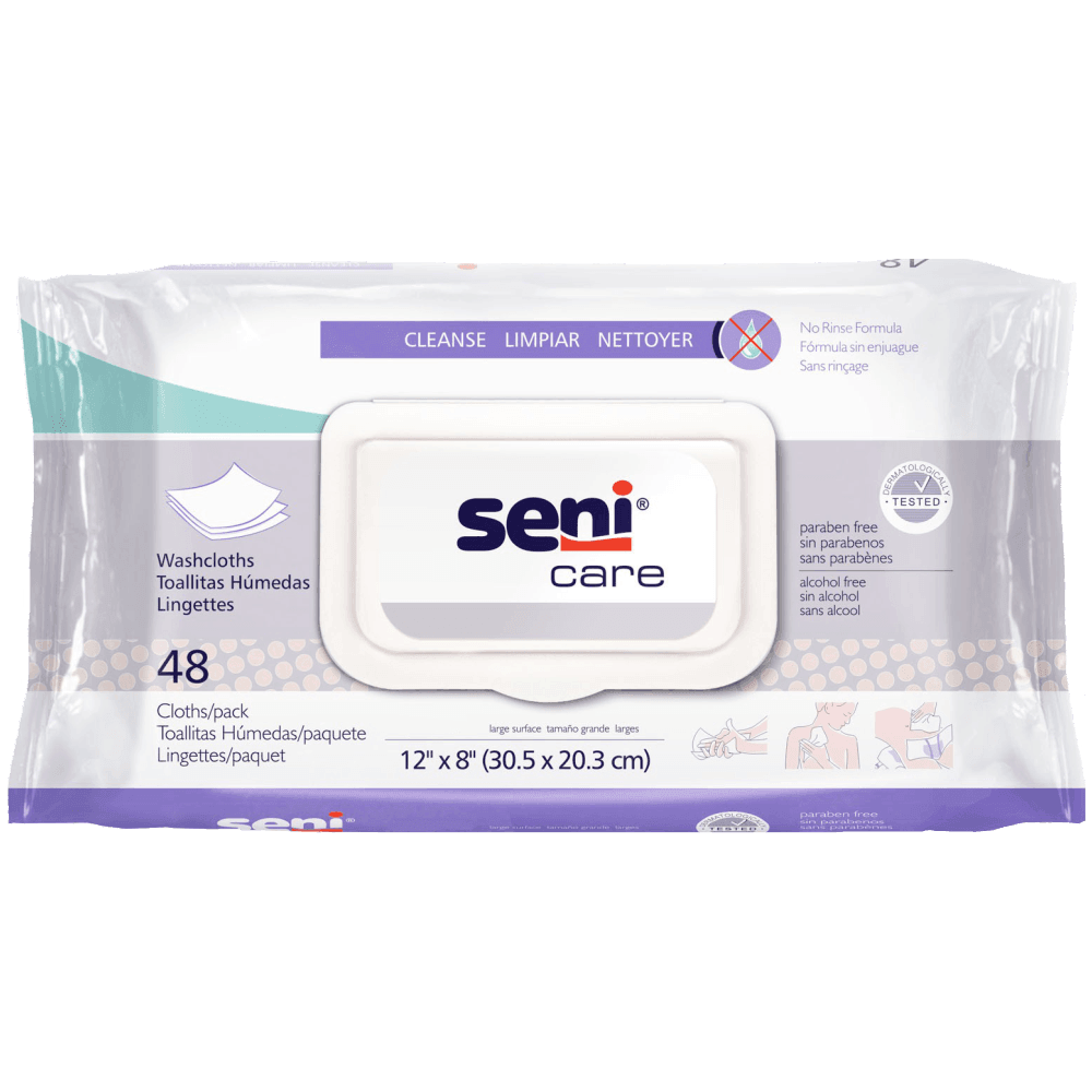 Seni Care Washcloths by Seni feature a white and lavender design. Each pack contains 48 wipes (12 x 8), ideal for perineal cleansing and sensitive skin. No rinse needed; paraben, dye, and alcohol free.