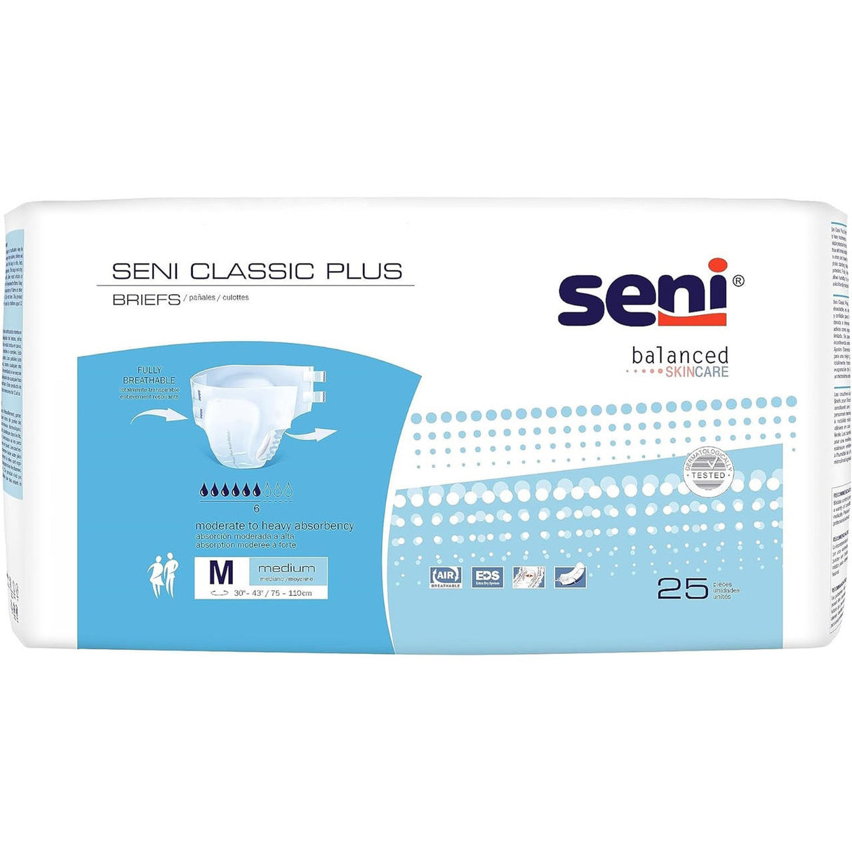 Package of 25 Seni Classic Plus Adult Briefs by Seni, medium size, designed for moderate incontinence with heavy absorbency. White and blue packaging includes product images, icons, and key information.