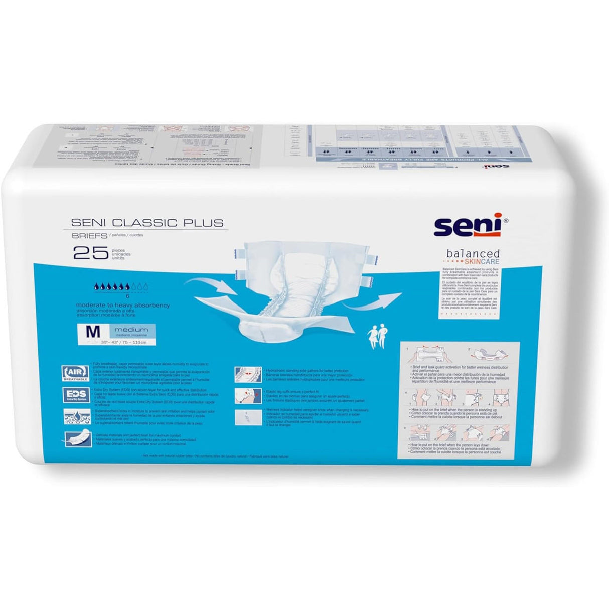 Seni Classic Plus Adult Briefs by Seni for moderate incontinence, medium size, pack of 25. Features a diagram of the briefs, usage instructions, product info, and blue and white branding on the package.
