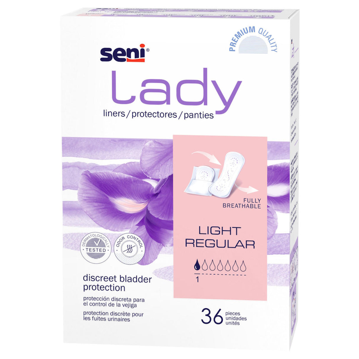 A box of Seni Lady Liners Light Regular by Seni, offering discreet, ultra-thin bladder control with full breathability; features purple floral graphics, product images, and text showing 36 liners plus a Premium Quality label.