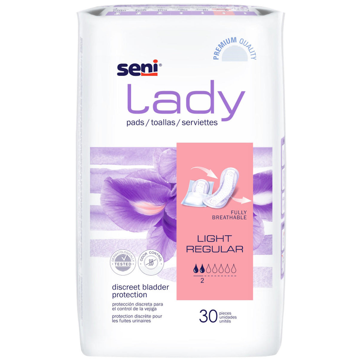 Seni Lady Pads Light Regular by Seni offer discreet, breathable bladder protection for light urinary incontinence. The pack features a purple floral design, absorbency icons, “30 pieces,” and “fully breathable material” text.